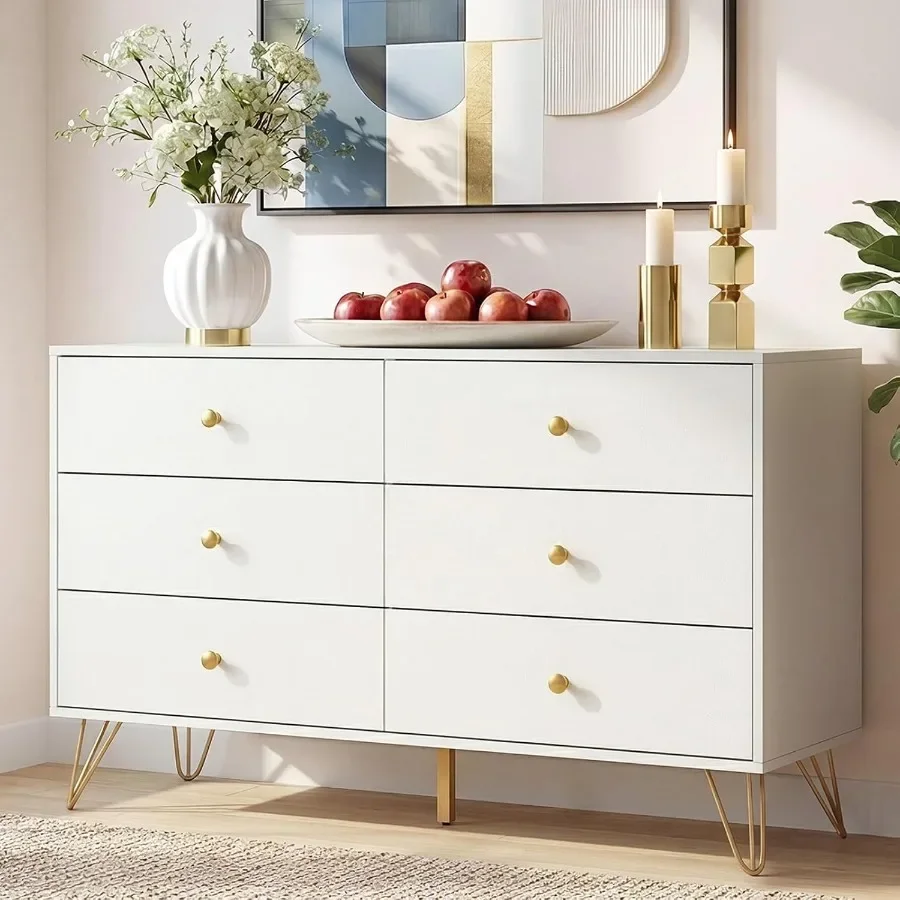 Bedroom 6-Drawer White Dresser with Golden Handles, Large Modern Storage Cabinet for Hallway and Entryway