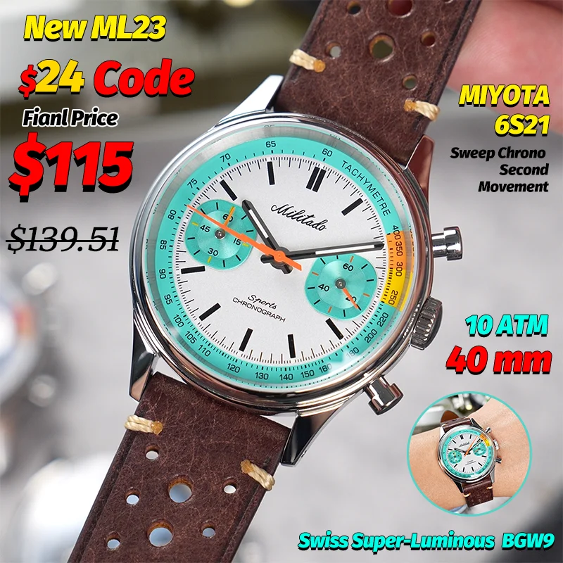 

Militado New Ml23 Quartz Watches Miyota 6S21 Sweep Chronograph Watch Sapphire Anti-Reflective Luminous 10 Atm 40Mm Wrist Watch