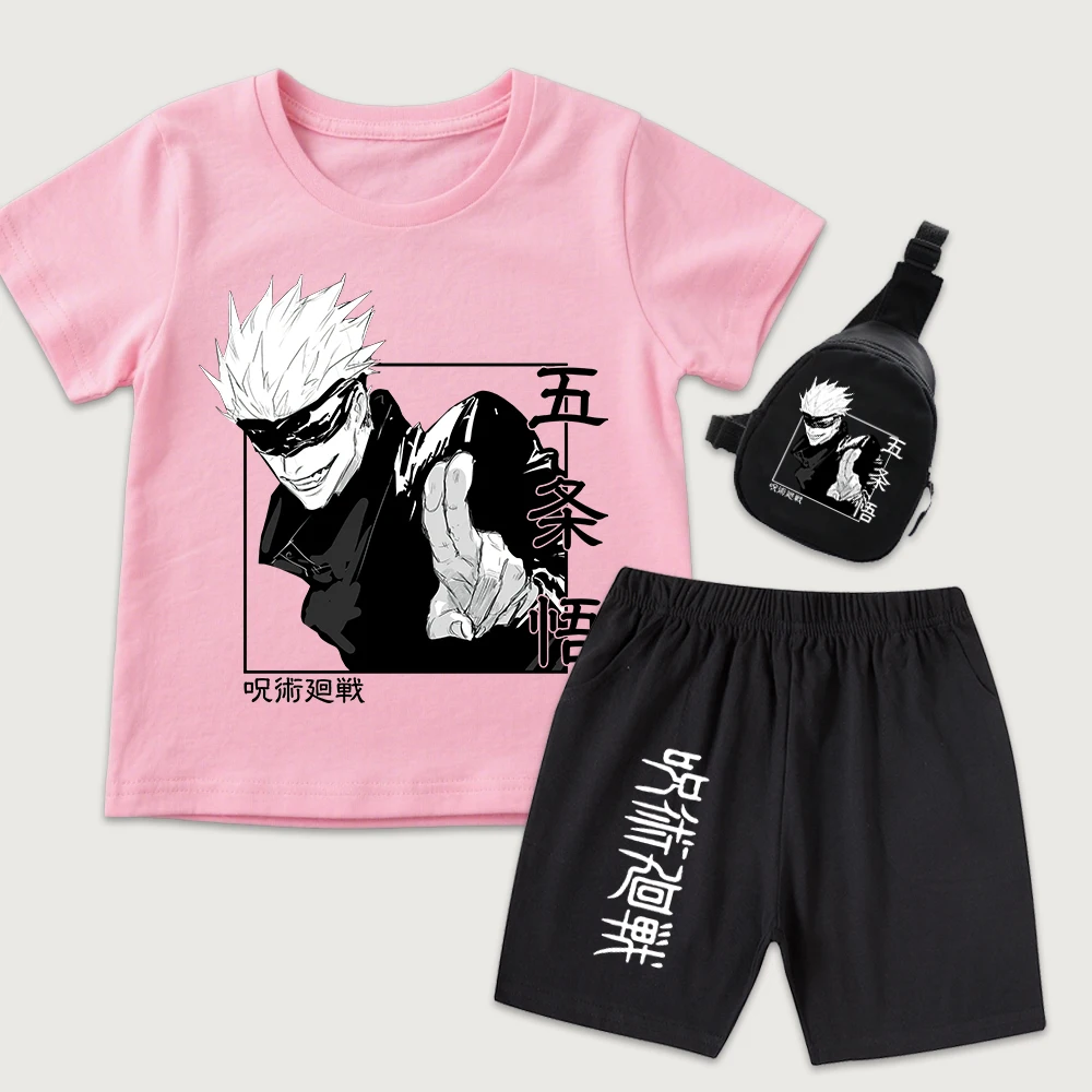 Jujutsu Kaisen Satoru Gojo Anime Print Kids Cotton T Shirt and Shorts Set with Mini Chest Bag Boys Girls Summer Outfits
