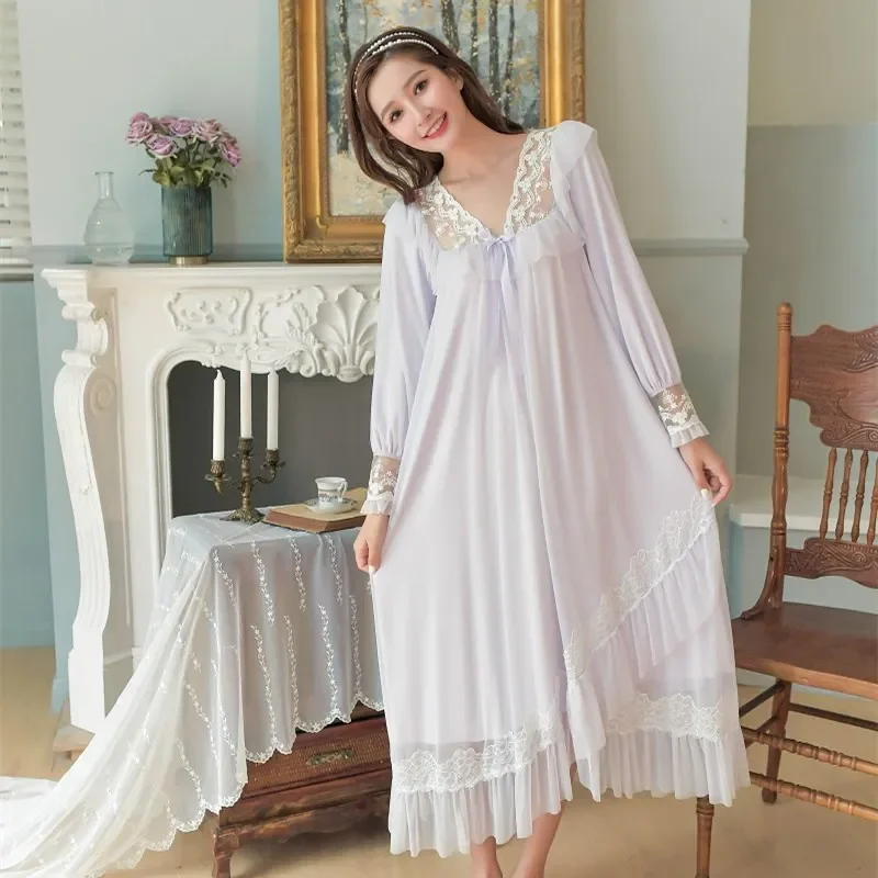 Vintage Luxury Modal Gauze Women\'s Long Sleepwear Soft Lace Elegant Dress Spring Autumn Summer Loose Nighty Clearance