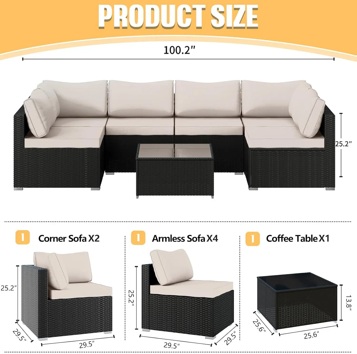 Set furnitur teras 7 buah, furnitur anyaman rotan bagian luar ruangan dengan bantal dan meja kaca, Set percakapan teras