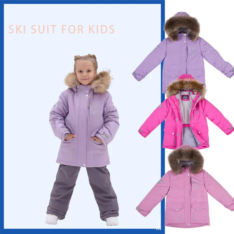 الشتاء الاطفال رشاقته مقنعين سنوسويت الدافئة سترات معطف بياقة من الفرو + بذلة 2 قطعة ملابس الأطفال الصبي بدلة الثلوج