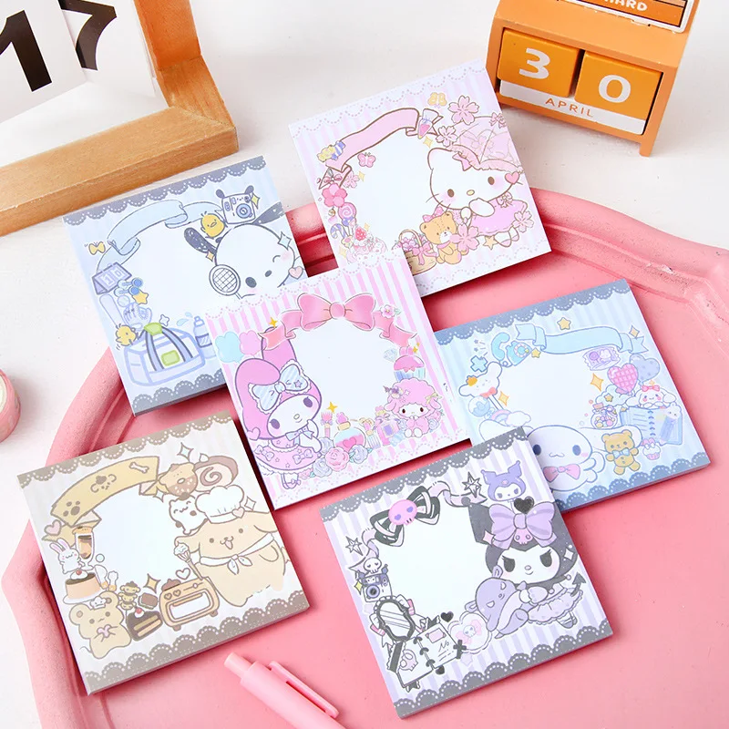 Липкие заметки Sanrio, милая фигурка Kuromi Hellokitty Cinnamoroll Kawaii Mymelody, канцелярские принадлежности для студентов, блокнот, книга с сообщениями