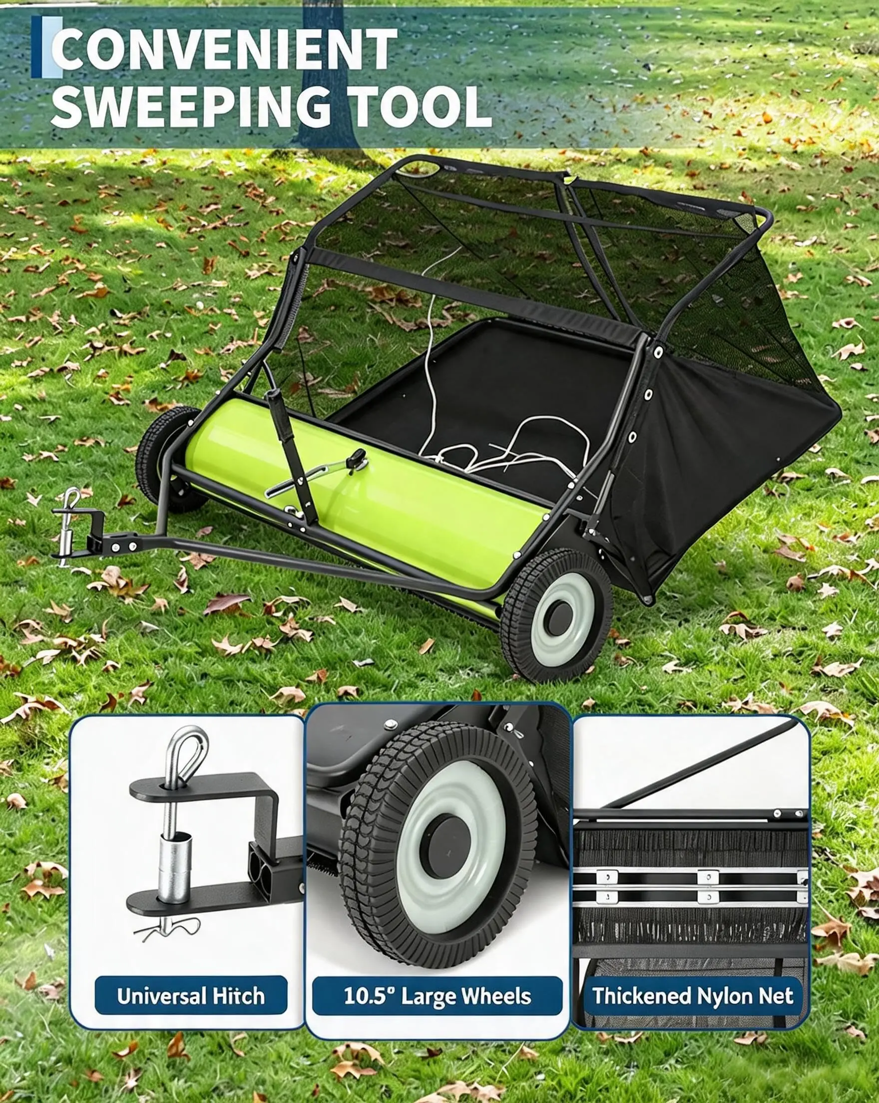 Tow Behind Lawn Sweeper, 21 Cu. Ft. Large Hopper, Heavy-Duty Pull Behind Yard Sweeper with Adjustable Sweeping Height, Leaf & Grass Collector for Lawn Tractor, ATV & UTV