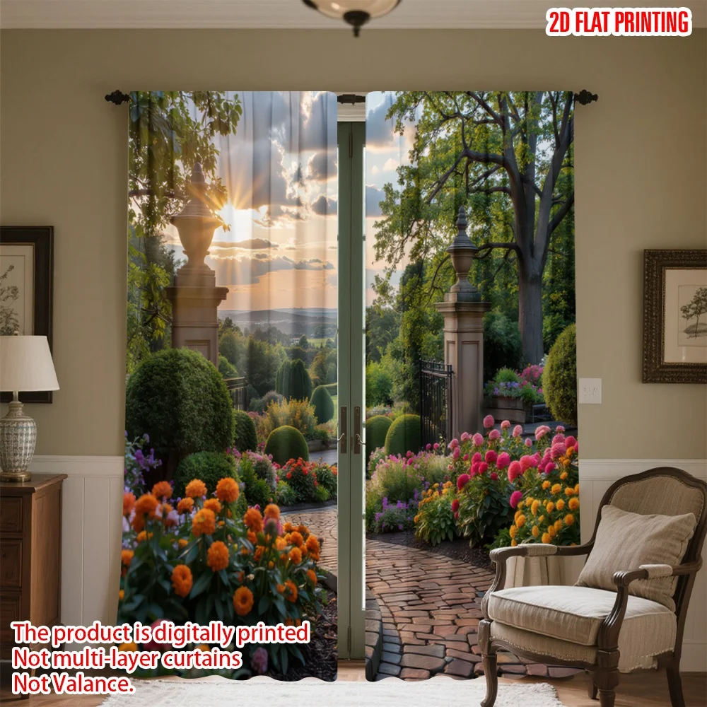 

2D flat printing 2pcs Party Window Curtains Sunset in Blooming Garden Digital Printed Polyester Drapes Party Decorations Use for