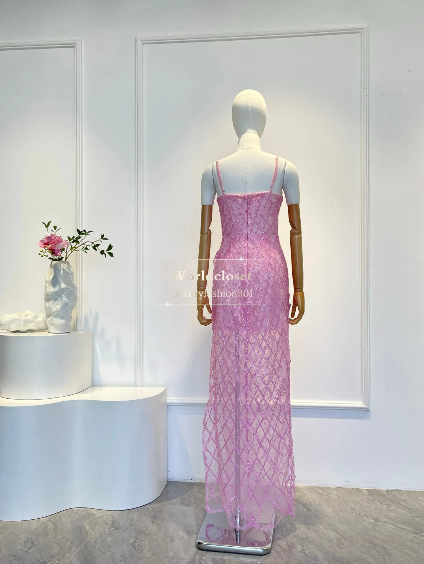 جودة عالية البنفسجي الأرجواني أكمام الترتر شبكة أنبوب عارية الذراعين فستان ماكسي #3