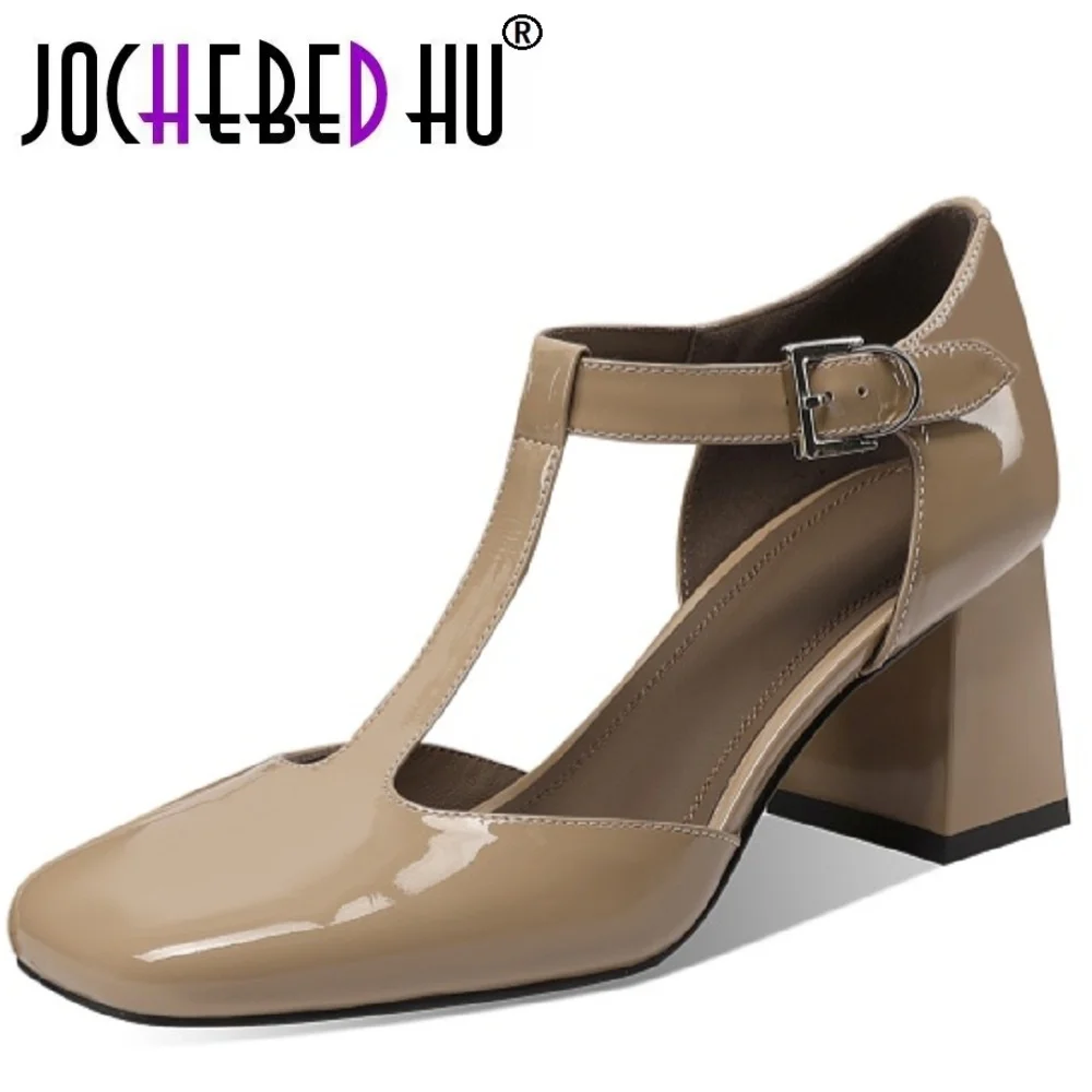 

【JOCHEBED HU】Женские туфли-лодочки ретро-стиля ручной работы из натуральной кожи на массивном каблуке, для работы и торжественных мероприятий, французская обувь с Т-образным ремешком, размеры 33-43
