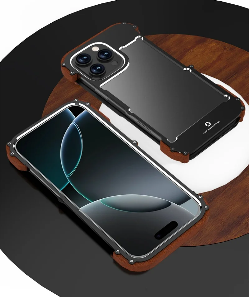 

Luxury Aluminum Metal Wood Bumper Case For iPhone 16 15 14 13 Pro Max Frame Back Phone Cover For iPhone 16 Pro Max Cover