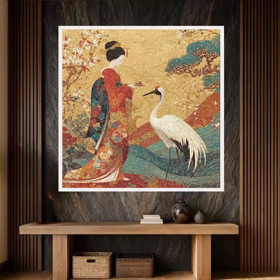 DIY Diamond Painting Kit Wall Art Japan Tradition Geisha And Red Crowned Crane Full Diamond Embroidery Art Mosaic Cross Stitch