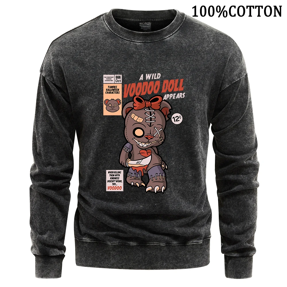 Voodoo Doll Printing Man Sweatshirt Retro Washed Sweatshirts Cotton Hoodies Cartoon Harajuku Wygodna koszulka sportowa Luźne topy