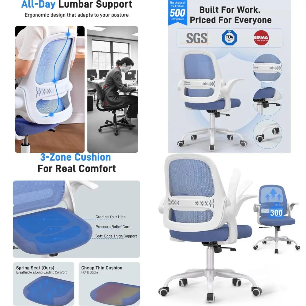 

Эргономичное кресло с дышащей сеткой и откидными подлокотниками, синее сиденье, поворотное офисное кресло для домашнего офиса, выдерживает до 300 фунтов.