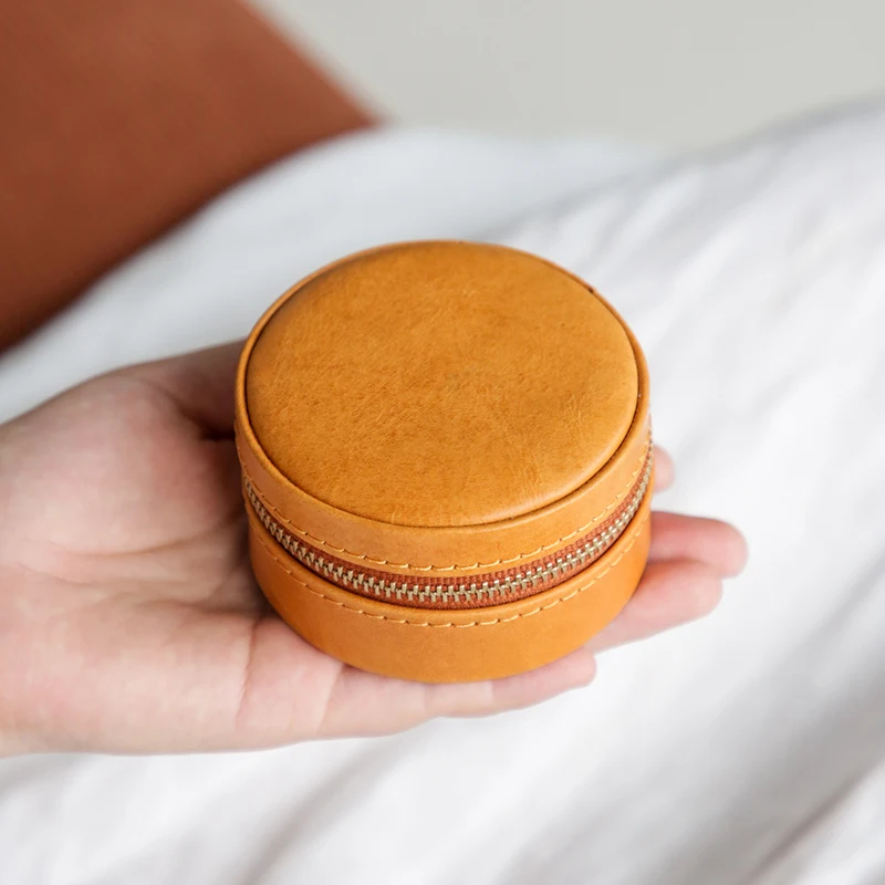 

fashion luxury handmade genuine leather women's small round jewelry box simple real cow leather earrings ring storage bag
