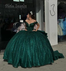 Mexican 2024 Dark Green Quinceanera Dresses Off The Shoulder Beaded Crystal Ball Gown Ruffle 15 Years Old Formal Prom Customized