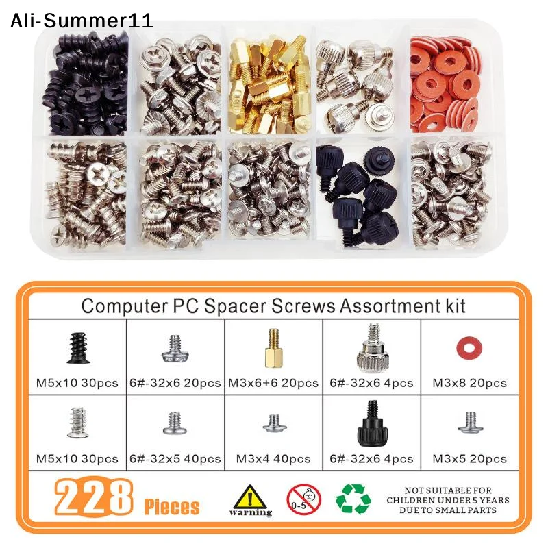 【D11】228Pcs/Box Hard Disk DIY Motherboard PC Computer Assemble Case Fan Hand Screw Bolt Standoff Washer Assortment Kit