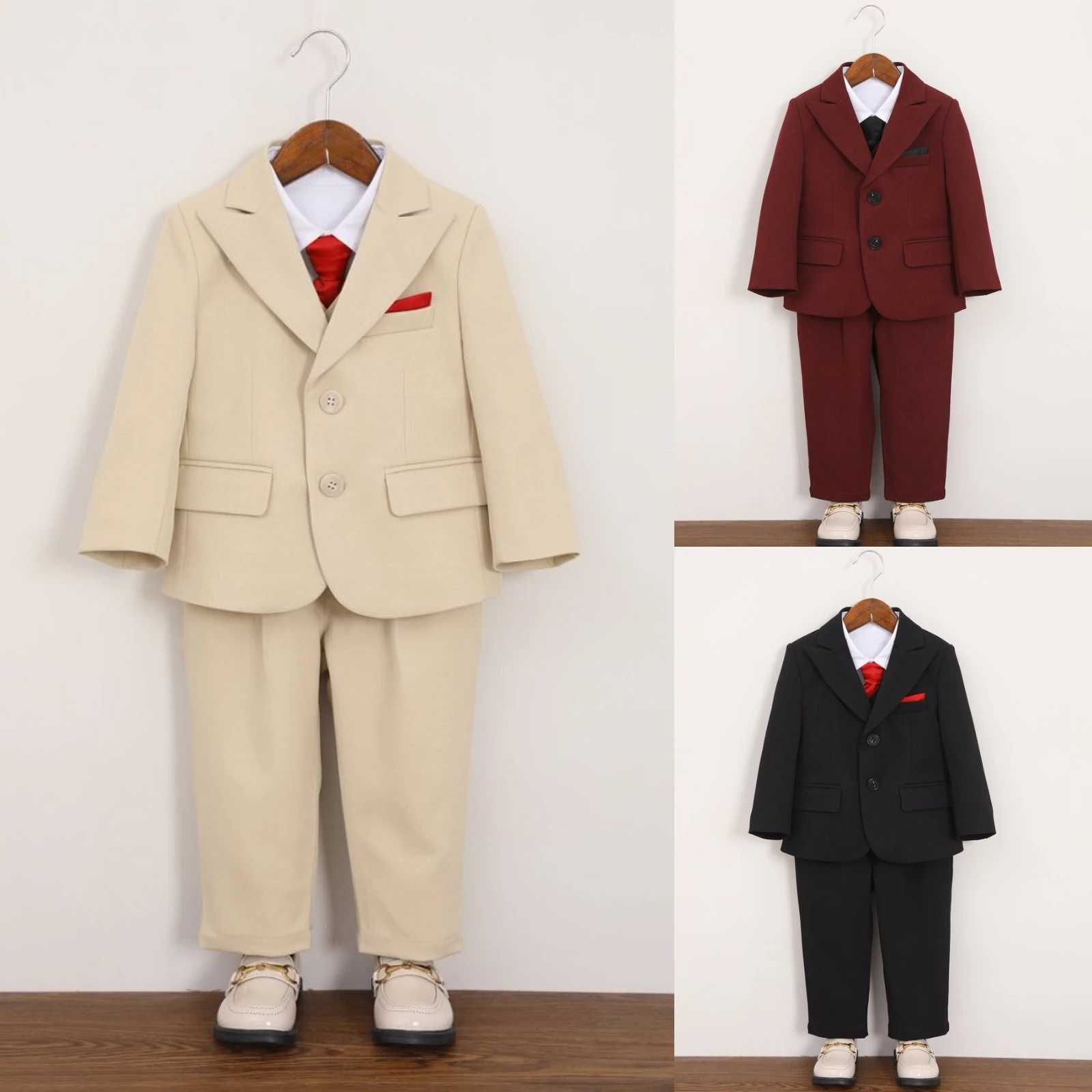 Boys Suit Set Kids Solid Color Formal Blazer Pants Bow Tie Teen Children Wedding Flower Boy Piano Host Performance Outfit 2-14Y