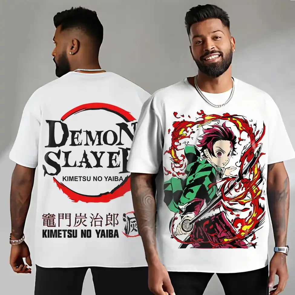 Bandai Anime Demon Slayer Print Short Sleeve Tee, Japanese Anime Character Graphic Top Street Hangout and Daily Outdoor Activity