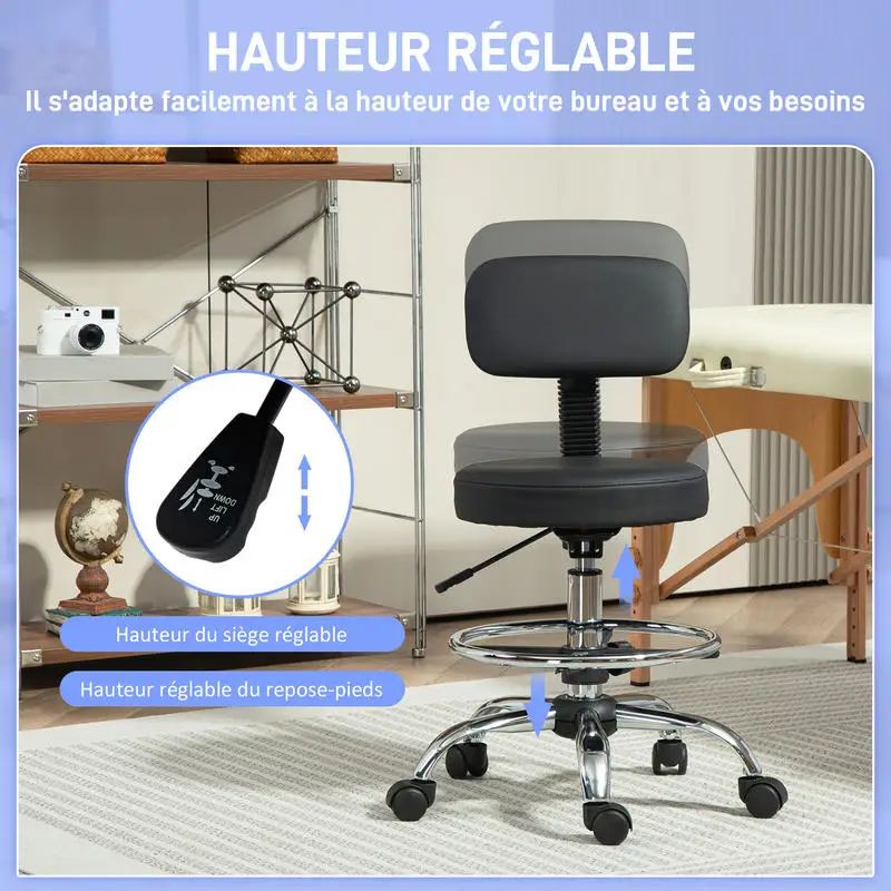 Chaises de bureau, chaise de dessin, repose-pieds réglable, hauteur réglable, pivotante à 360° ° , 52x52x92cm, noir