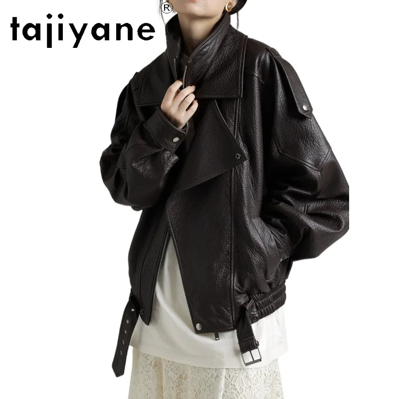 TAJIYANE Spain Lamb Bubble Leather Coats Oversized Genuine Leather Jacket Woman Double‑Collar Moto Jackets for Woman Chic 가죽자켓