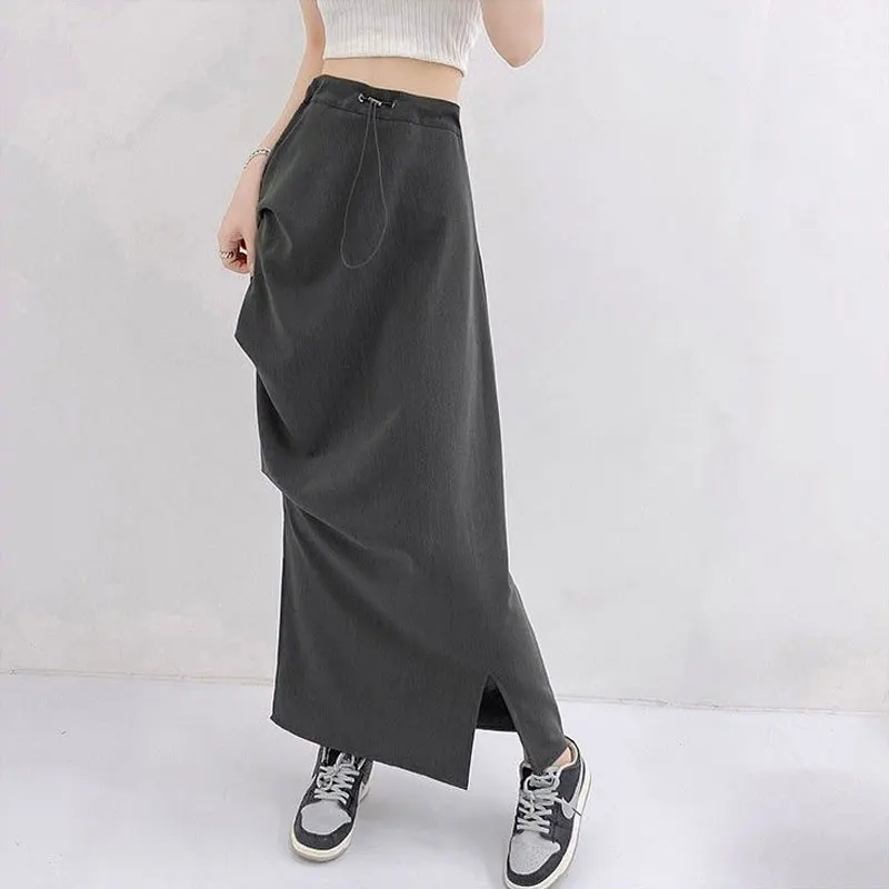 

Stylish Side Slit Detail High Waist Casual Long Skirts Spring Summer American Female Clothing A-Line Folds Asymmetrical Skirts