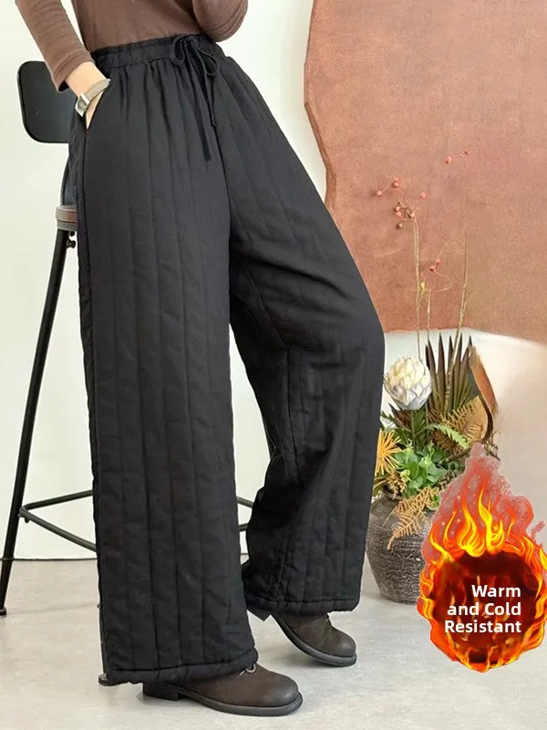 Winter New Sle Women's Casual Wide Leg Pants Elastic Waist Belt Cotton Trousers Slimming Versatile Thi Long Trousers