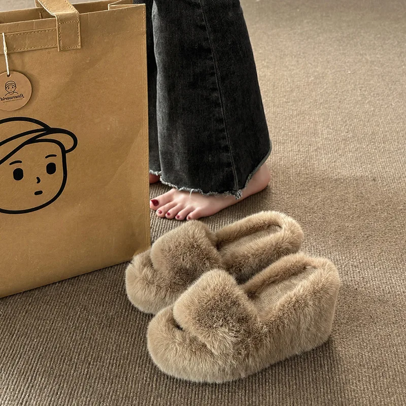 

Women's Home Fur Slippers 2026 Spring Autumn Indoor Household Slippers Wedge Heel Slip-on Non-slip White Fur Slippers