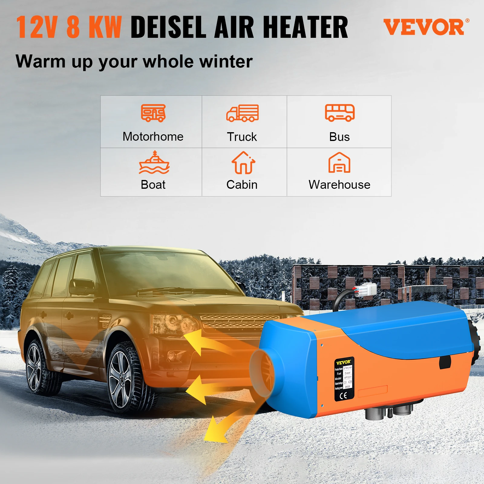 VEVOR Car Diesel Heater 12V 8KW Diesel Air Heater with Bluetooth LCD Switch Low Noise Parking Diesel Heater for Car Trucks Boat