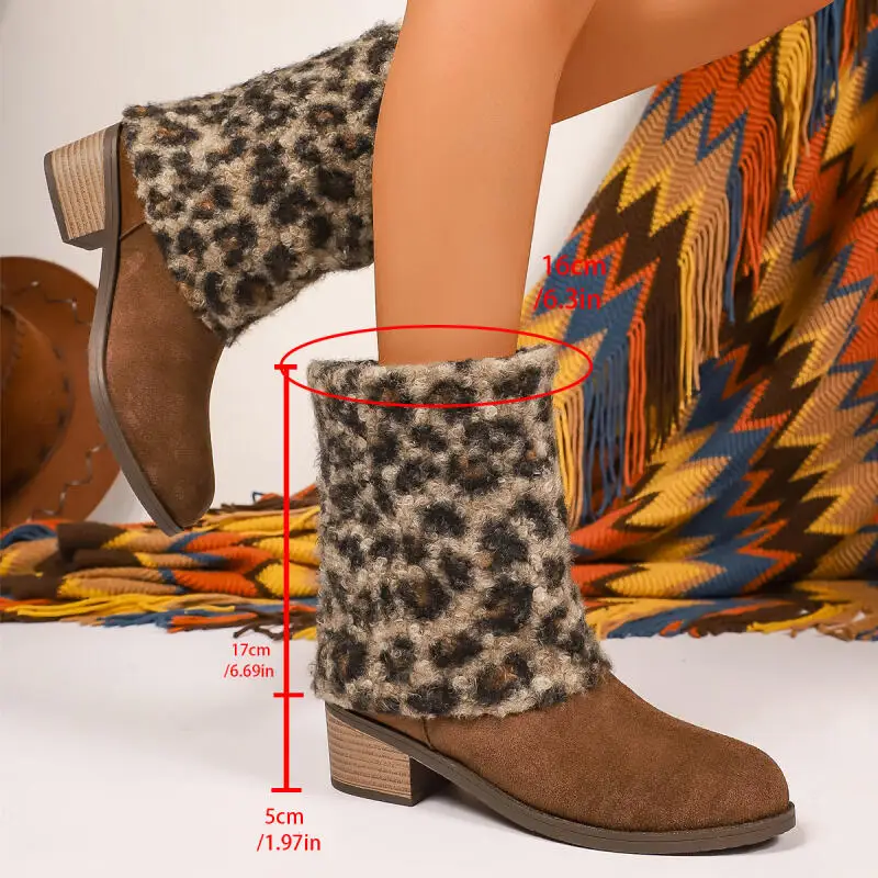 

Leopard Berber Fleece Thick Heel Mid Calf Boots Women 2025 Winter Luxury Suede Designer Short Boots Plus Size Botas Shoes Mujer