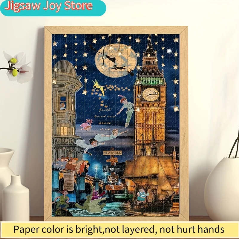 لغز 1000 قطعة بشخصيات كرتونية تينكر بيل وبيتر بان وبرج الساعة القمرية، لعبة تعليق على الحائط للكبار، هدية تفاعلية للعائلة