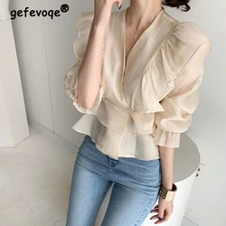 Donne Vintage Ruffles Design elegante camicetta autunno moda scollo a V Chic camicie in Chiffon solido manica lunga gotico top Slim Blusas