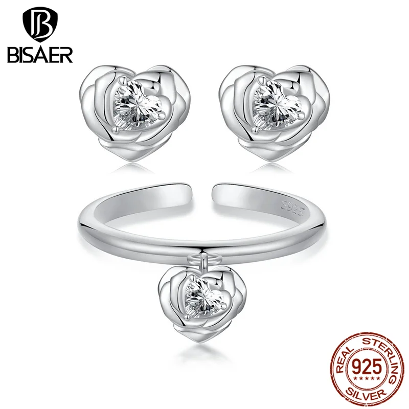 

BISAER 925 Sterling Silver Heart Rose Open Ring Flower Adjustable Promise Rings Plated White Gold for Women Wedding Fine Jewelry