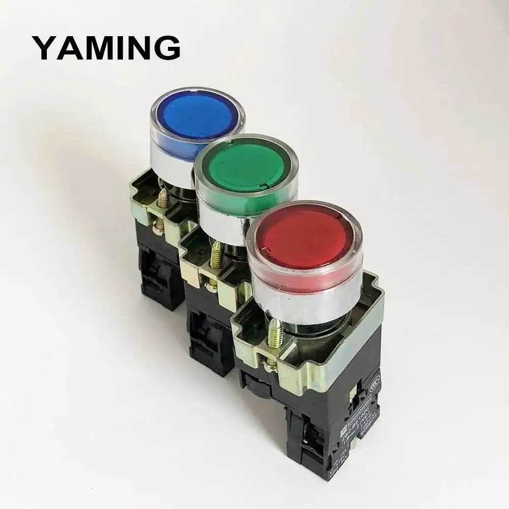 22Mm Kortstondige XB2-BW3361 3462 Ronde Drukknop Met Led/Neon Licht 1NO 24V/AC220V/AC380V Groen, rood, Geel, Blauw