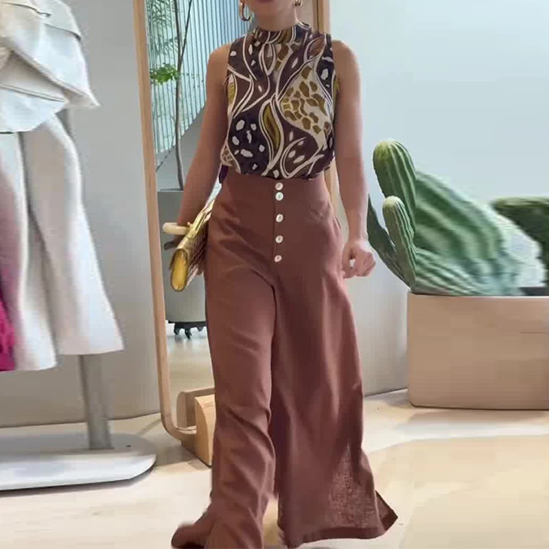 

Summer new casual daily commuting set with printed stand up collar sleeveless top and high waist wide leg pants two-piece set