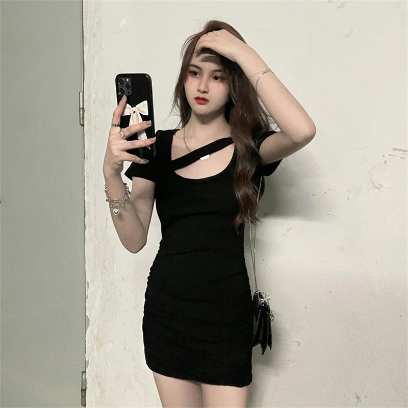 Spicy girl style hollowed out short sleeves with waistband to show slimming and slimming temperament black buttocks wrapped shor