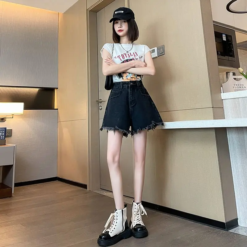 2024 Spring/Summer Korean Edition New Large Black Denim Shorts Loose High Waist Slimming A-line Wide Leg Casual Shorts