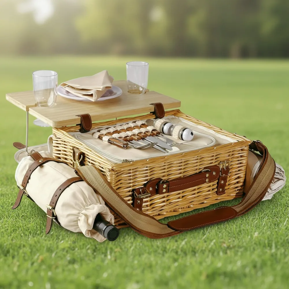 

Portable Picnic Basket Set for 2 Adults with Foldable Table, Insulated Compartment & Full Tableware - Outdoor Camping Beach