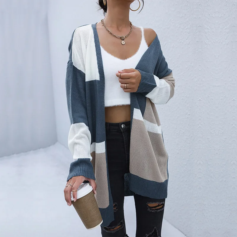 

Women's Long Contrast Color Sweater Casual Japanese Style Cardigan Jacket by Independent Station for Early Autumn