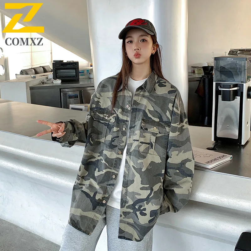 

Americane Vintage Camouflage Shirt Women's Oversized Street Loose Cotton Long Sleeve Shirt Spring and Summer Single-breasted Top
