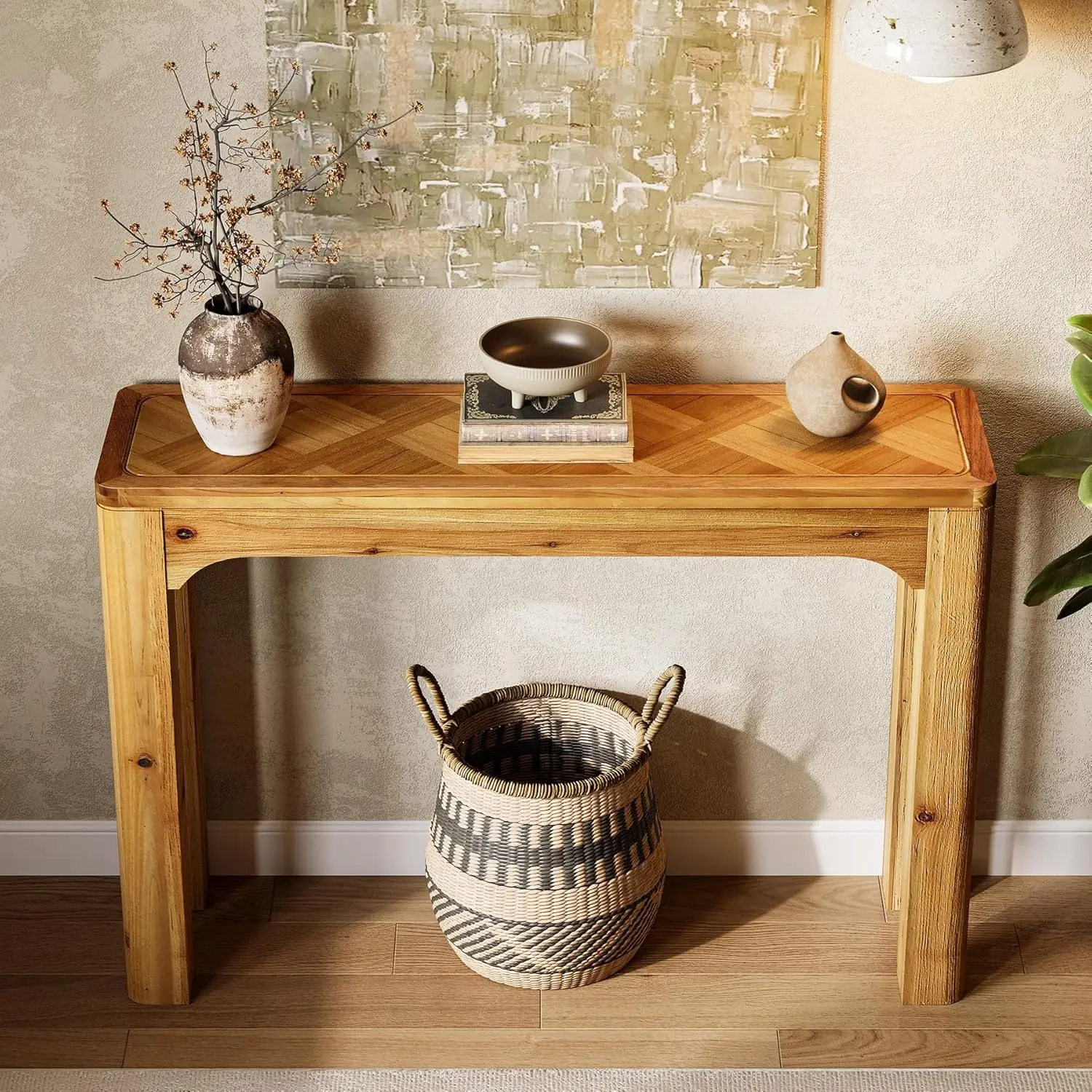 

Консольный стол из массива дерева для прихожей, 105 см, в стиле фермерского дома, приставной столик за диван с изысканной паркетной столешницей, деревянные элементы декора