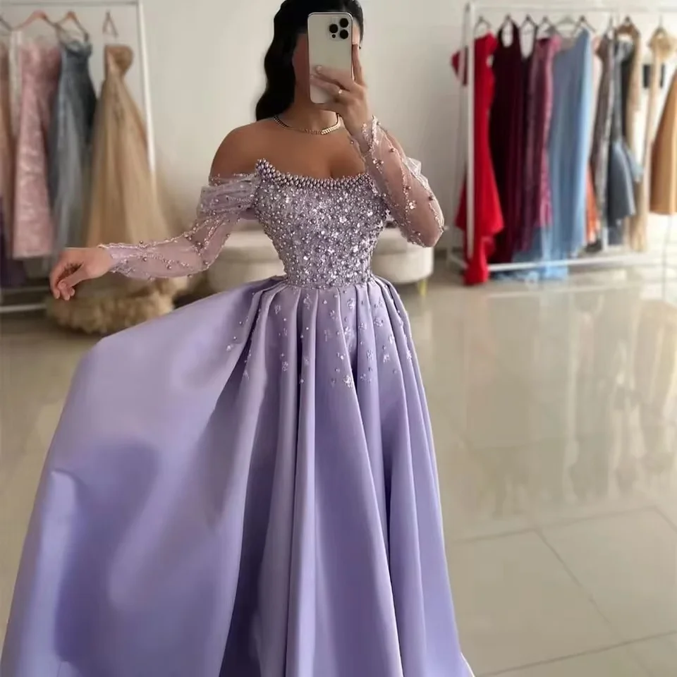 Индивидуальное вечернее платье с бисером и жемчугом, с открытыми плечами, из атласа, для выпускного вечера, свадьбы, дня рождения, А-силуэт, Vestidos De Fiesta