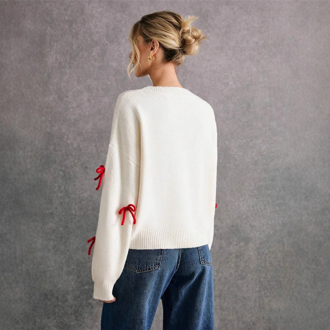 Knitted Sweaters Women Red Bow Decoration Loose Round Neck Pullover Sweater Autumn Top