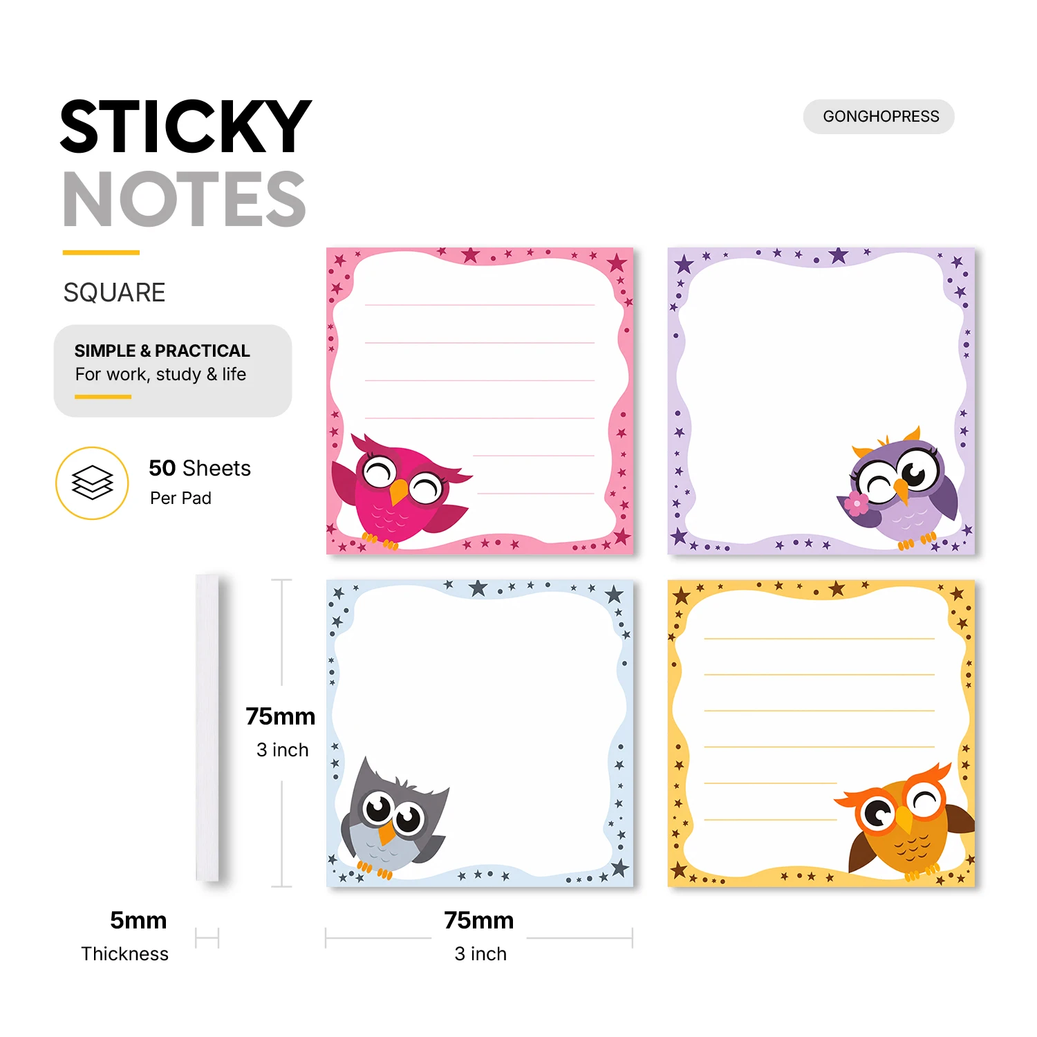 4pcs Cute Owl Sticky Notes 3x3 Inch, 75x75mm Self Stick Memo Pads, 200 Sheets Total, Decorative Border Note Pads for Office