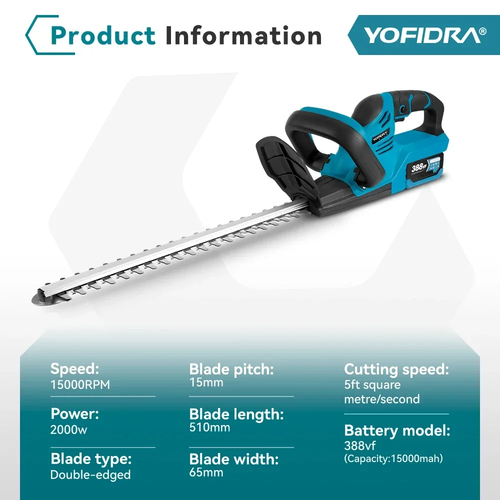 YOFIDRA 2000W Electric Hedge Trimmer Efficient Cordless Rechargeable Garden Shrub Pruning Power Tools For Makita 18V Battery