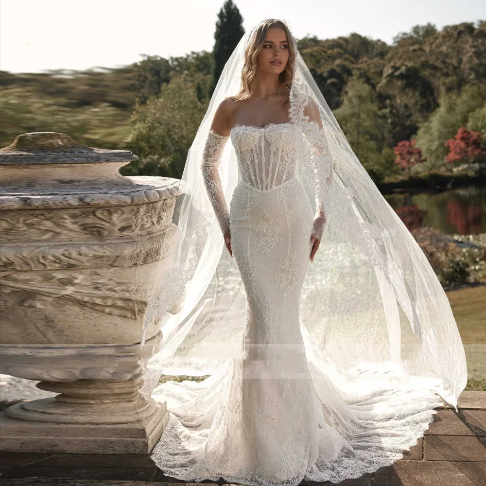 Flavinke сексуальные свадебные платья русалки по индивидуальному заказу без бретелек с длинным рукавом Vestido De Novia, винтажное свадебное платье с кружевной вышивкой