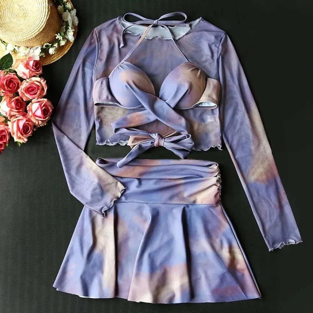 Sweet Tie-dye 3 in 1 Swimwear Set Sun Protection Beachwear Long Sleeve Swimsuit Purple camisole Bikini Bathing Suit Beach
