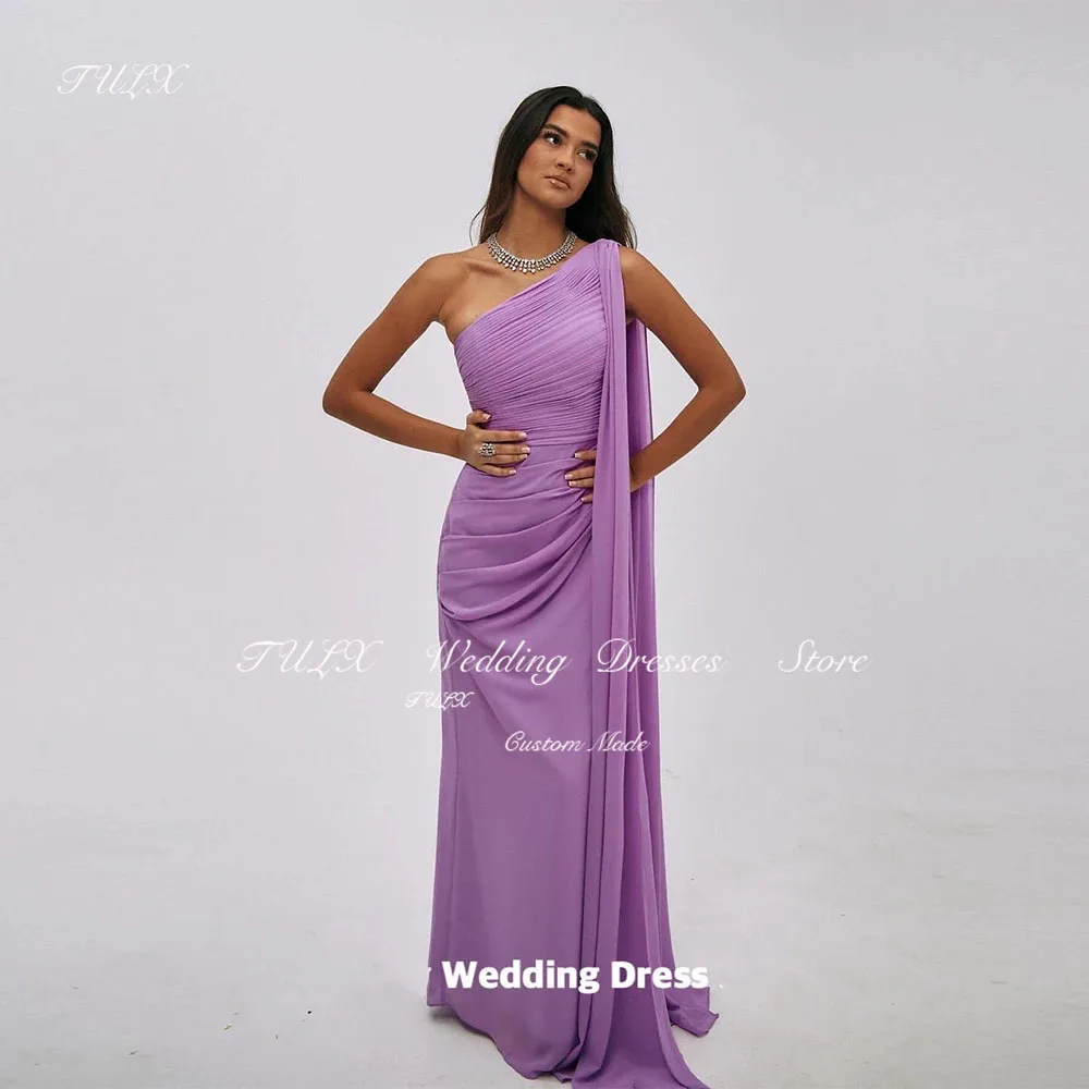 

TULX Graceful One Shoulder Purple Evening Dress Satin Long Shawl Floor Length Prom Gown Floor Length Formal Occasion Dresses