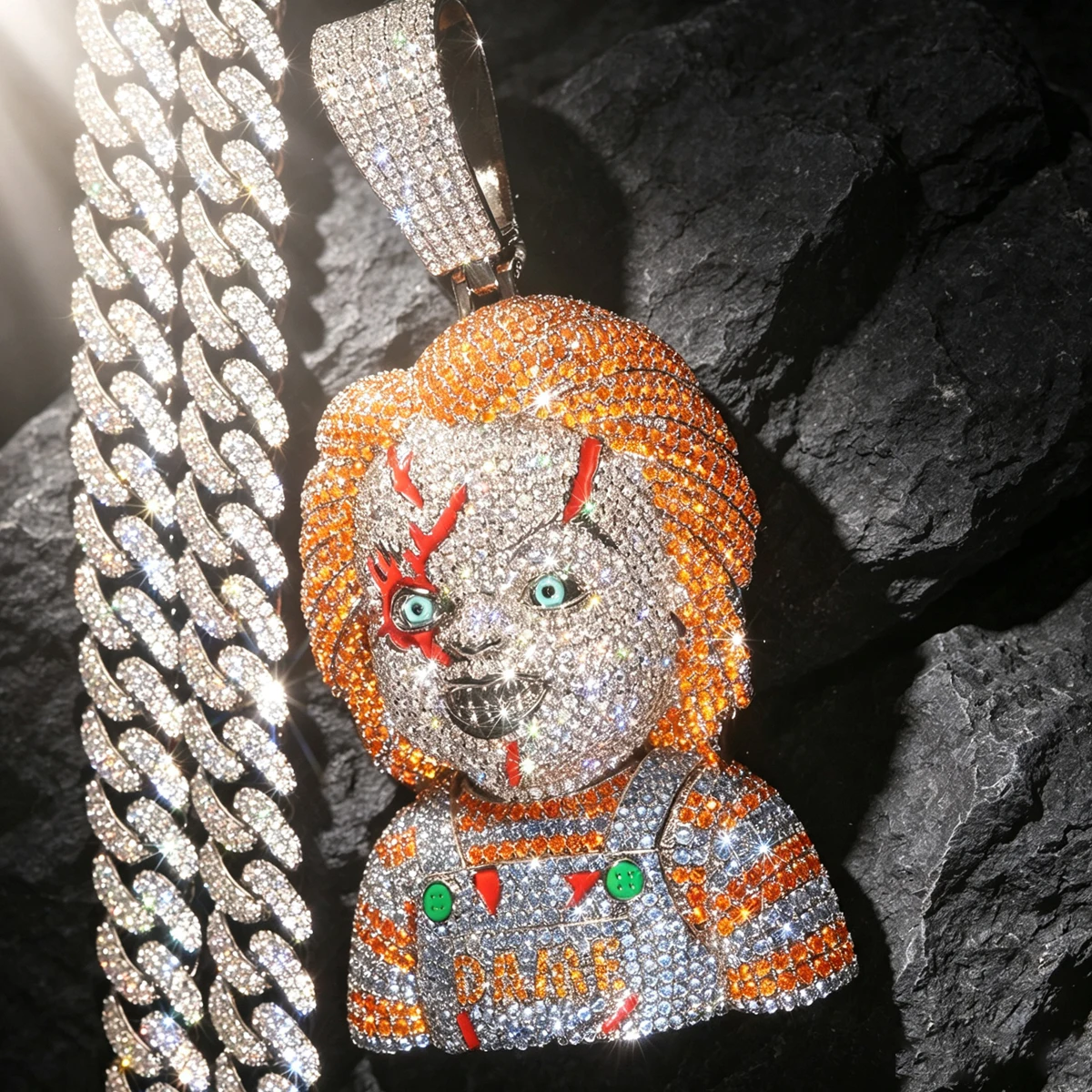CZ Covered with Diamonds Iced Out Cartoon Character Pendant Fully Paved Cubic Zirconia Cuban Chain Hip Hop Religious Necklace Accessories 18K Gold Plated Bling Horror Orange Hair Doll Charm Luxury Rapper Streetwear Fine Jewelry Gifts for Men Boy Friends