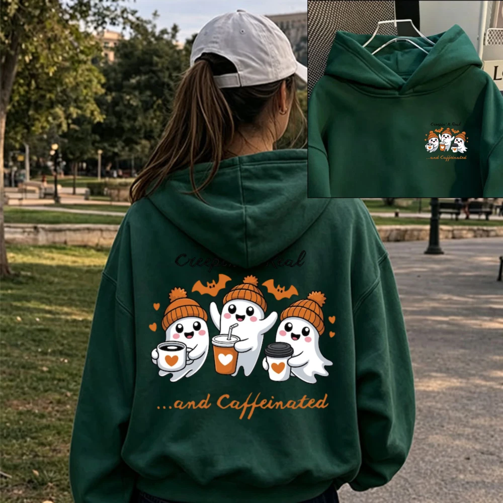 Cute Caffeinated Ghost Halloween Hoodie Three Adorable Ghosts with Beanie Coffee‑Cup Bat Heart‑Element Cartoon Pullover Hooded