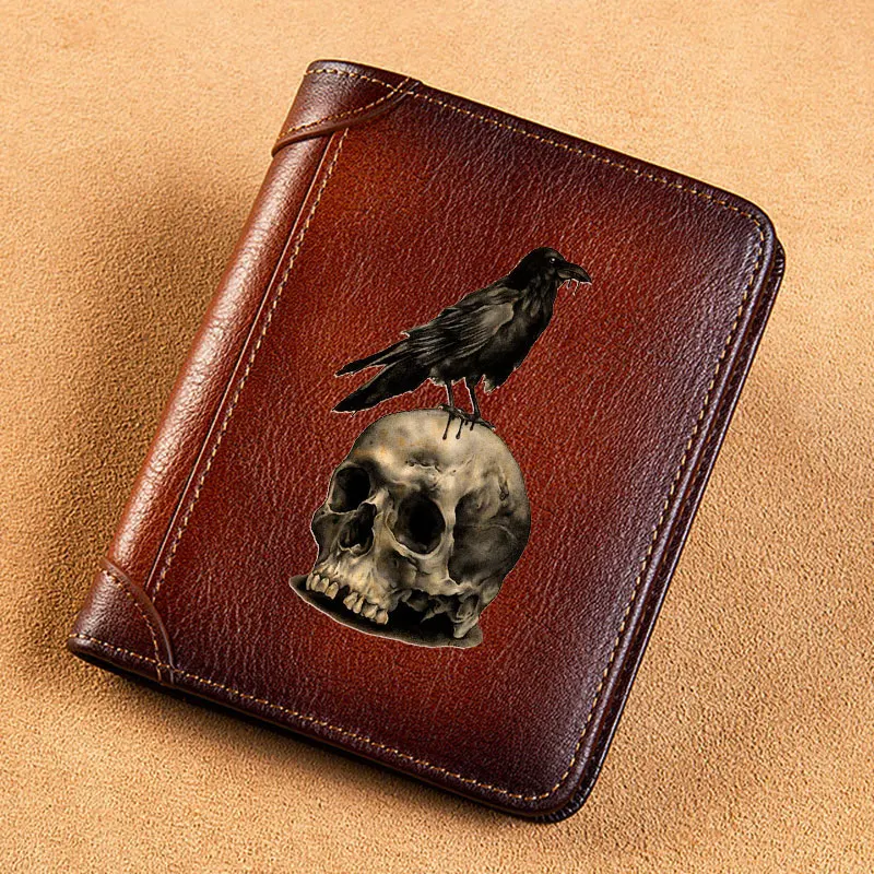 

Vintage Punk Style Crow Skull Cover Genuine Leather Men Wallets Short Card Holder Purse Trifold Men's Wallet BK3900