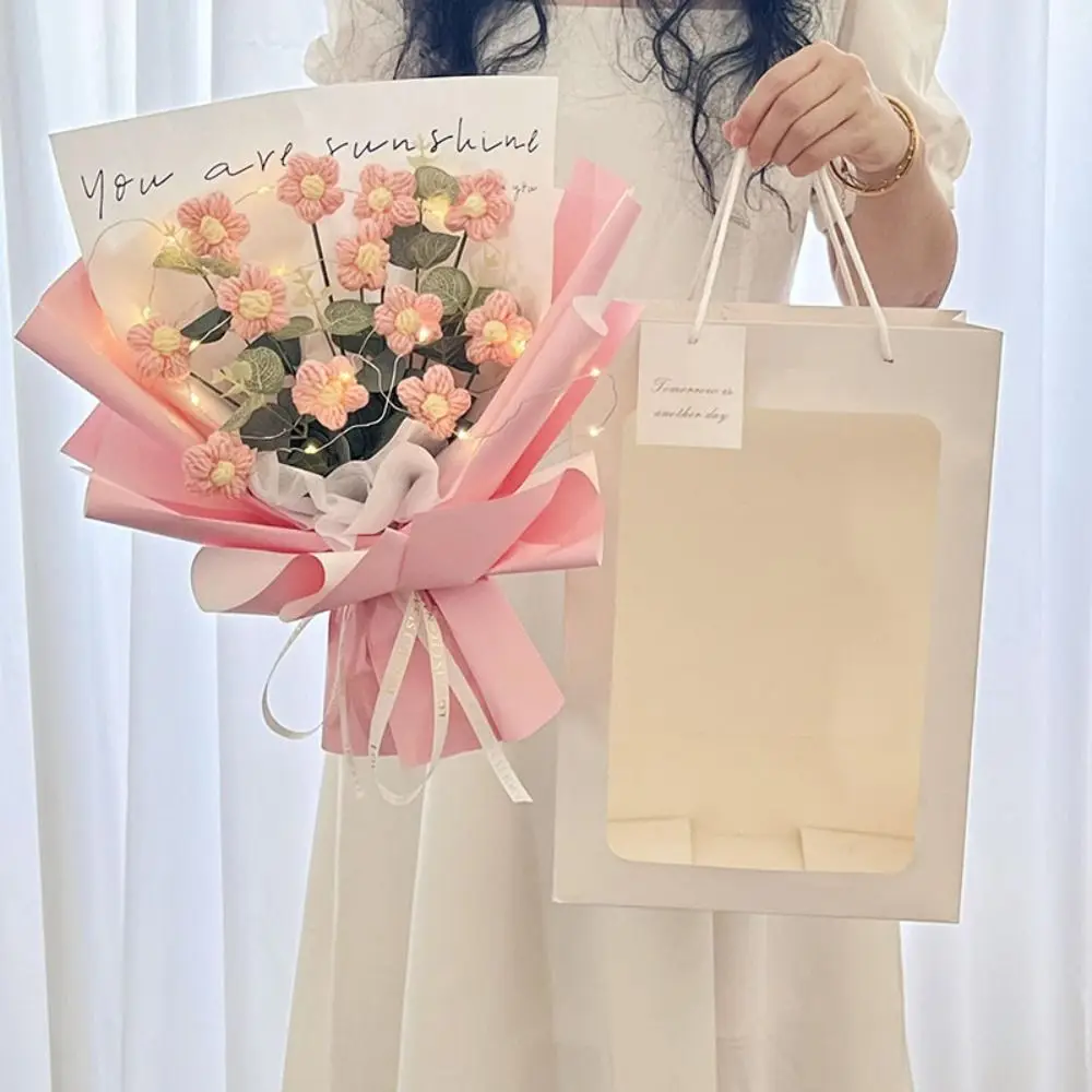 Handcrafted Crochet Flowers Bouquet with Gift Bag LED Lamp String Graduation Flower Bouquet Beautiful Handmade