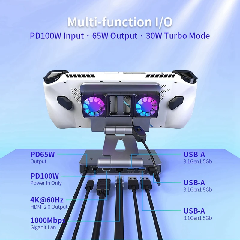 6 In 1 RGB Dual Fans Docking Station For ROG ALLY Steamdeck Game Console Dock Adjustable Height Dock Bracket